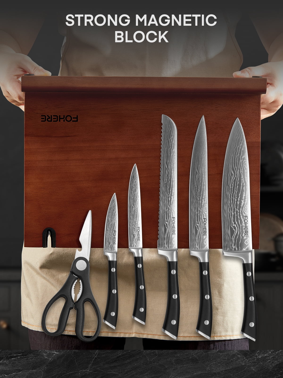 FOHERE Kitchen Knife Set with Magnetic Knife Holder and Sharpener, 7 Pieces Ultra Sharp Chef Knife Set with Ergonomic Handle,  High Carbon Stainless Steel Knives Set for Kitchen