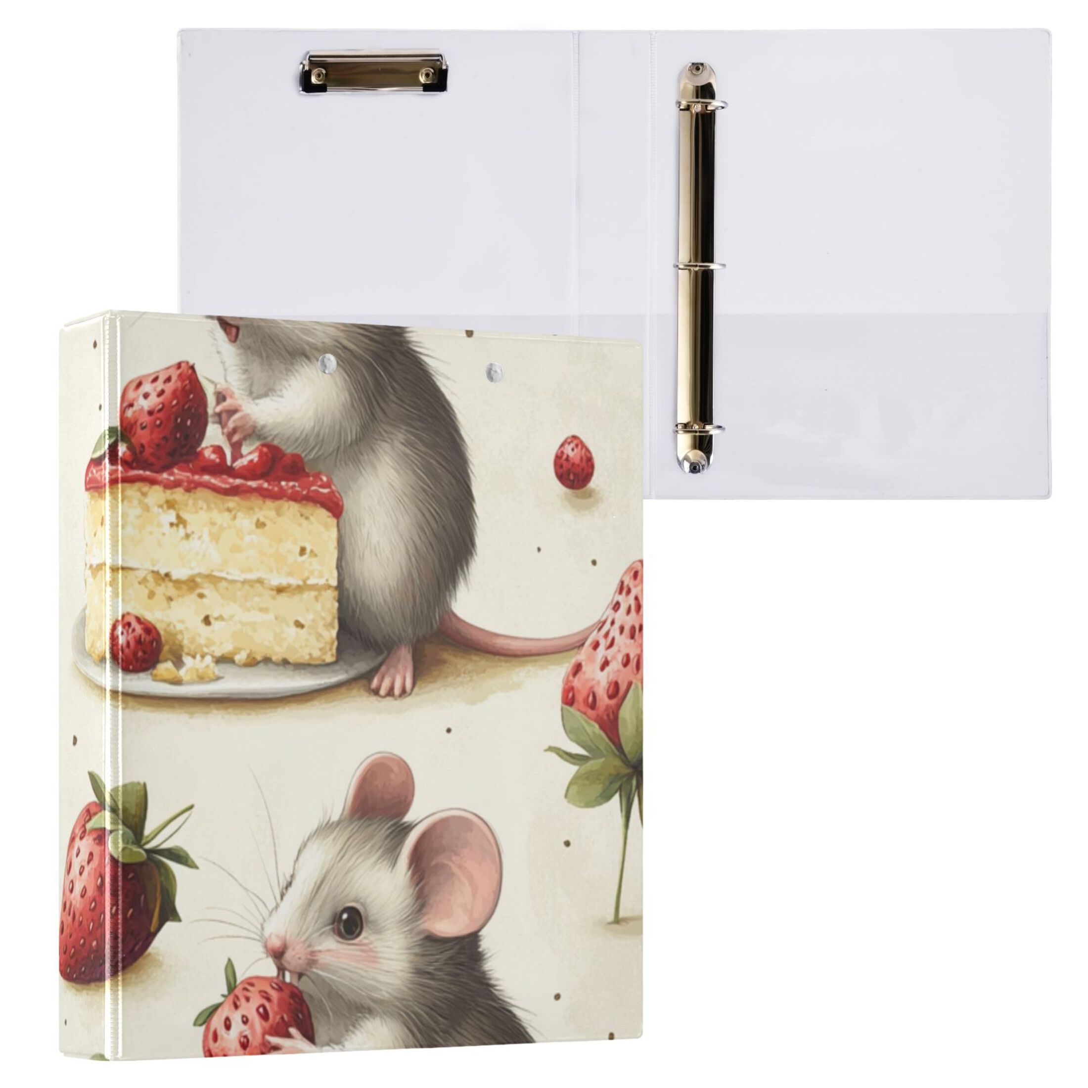 Strawberries Cakes Mice 3 Ring Binders 1.5 inch Hardcover File Folders with Interior Pockets A4 Size Organizer for School Office Hospital