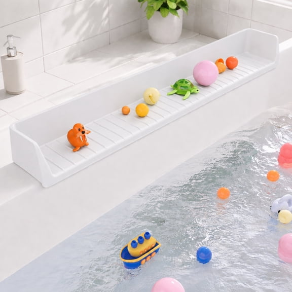 Bathtub Splash Guard Play Shelf – Silicone Tray & Caddy Holder with Suction Cups, Extra Bath Space Organizer, Prevents Water Spills in Bathroom & Sink