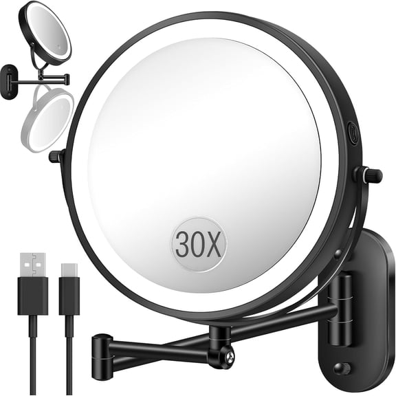 30X/1X Wall Mounted Lighted Makeup Mirror, 9'' Height Adjustable Double Sided 5000mAh Rechargeable Magnifying Bathroom Mirror with Light, 3 Color Modes Touch Dimmable Extended Arm 360 Rotation