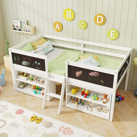 Costway Twin Size Low Loft Bed with Ramp Ladder & Bookcases Full-length Safety Guardrail - White