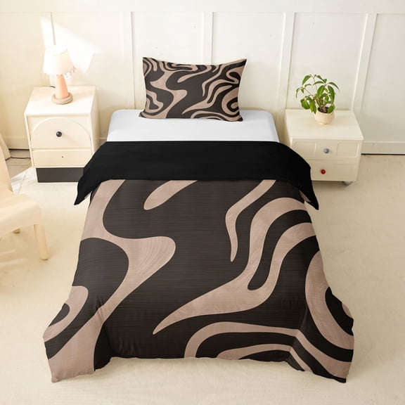 Homewish Retro Wavy Swirl Twin Duvet Cover,Aesthetic Geometric Twin Bedding,Brown,Black Reversible,2-Piece,1 Duvet Cover and 1 Pillowcase