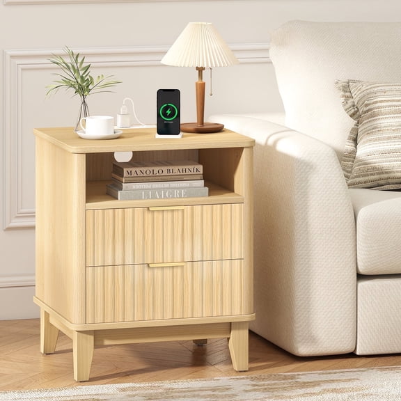 Night Stand with Charger Station, Fluted Nightstand with 2 Drawers and Storage Shelf, Mid Century Modern End Table for Bedroom Living Room,Natural