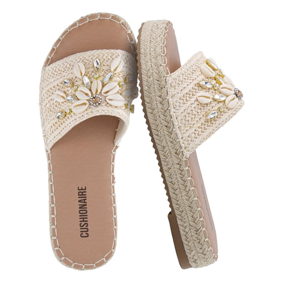 Cushionaire Playa Espadrille Platform Sandals for Women, Decorative Shell Embellishment and Boho Woven Detail Womens Slides