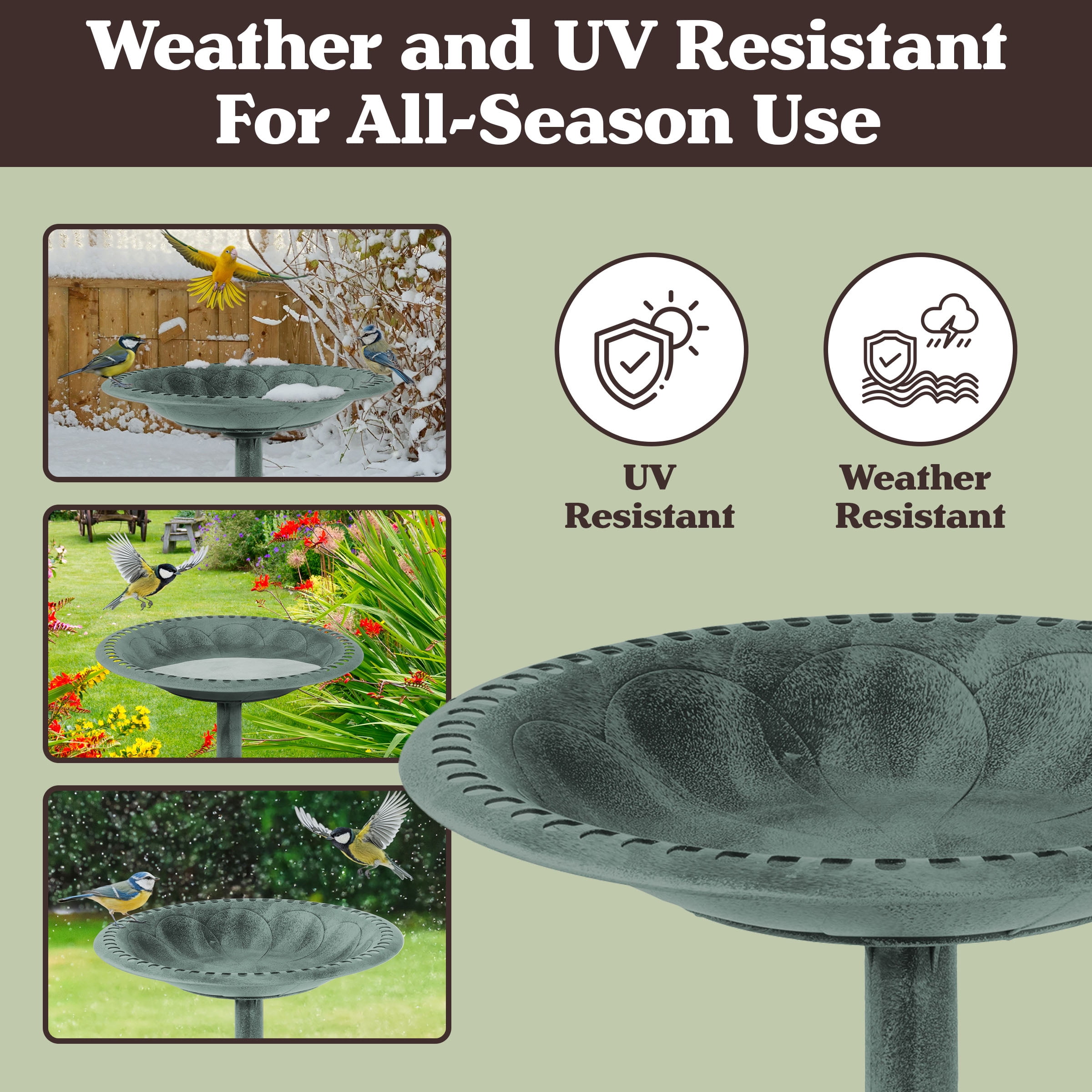 Pure Garden Weather-Resistant Antique Bird Bath with Stakes (Patina Green)