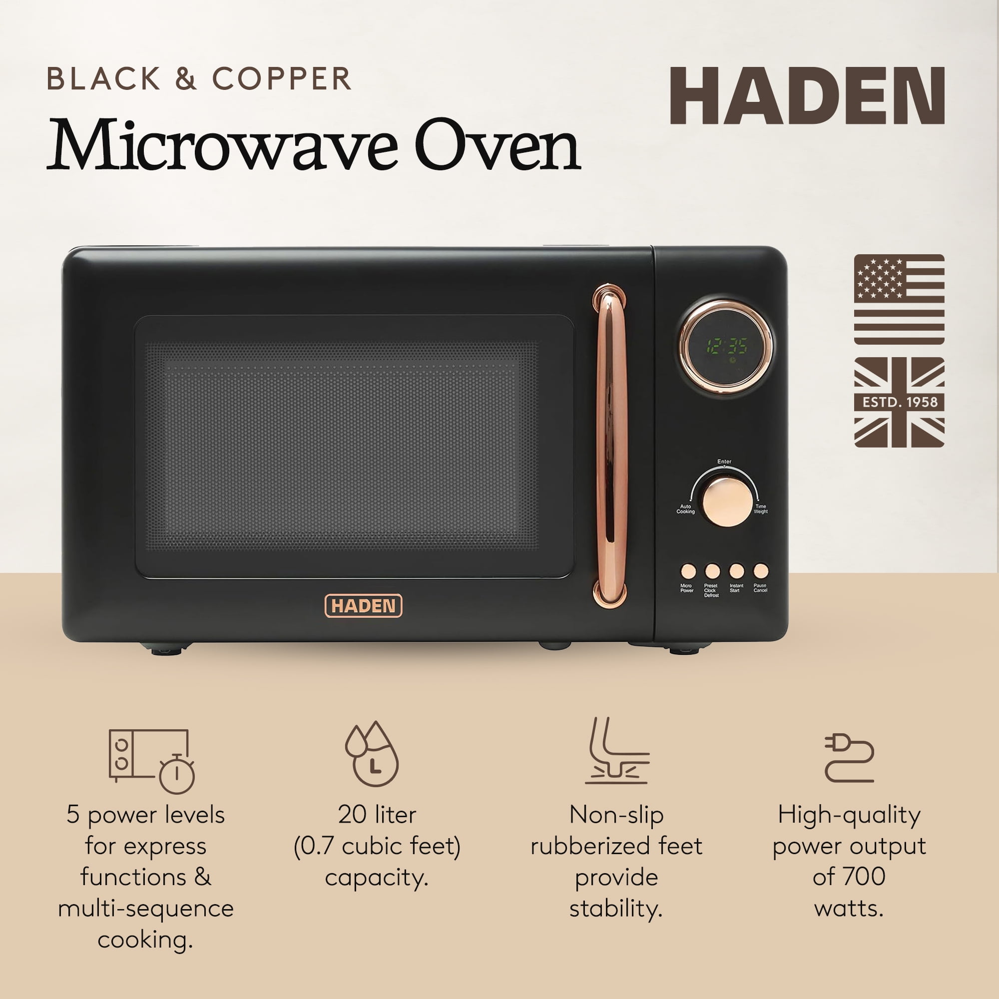 Haden 700W 0.7 Cubic Foot Microwave Oven w/ Digital Controls, Black/Copper