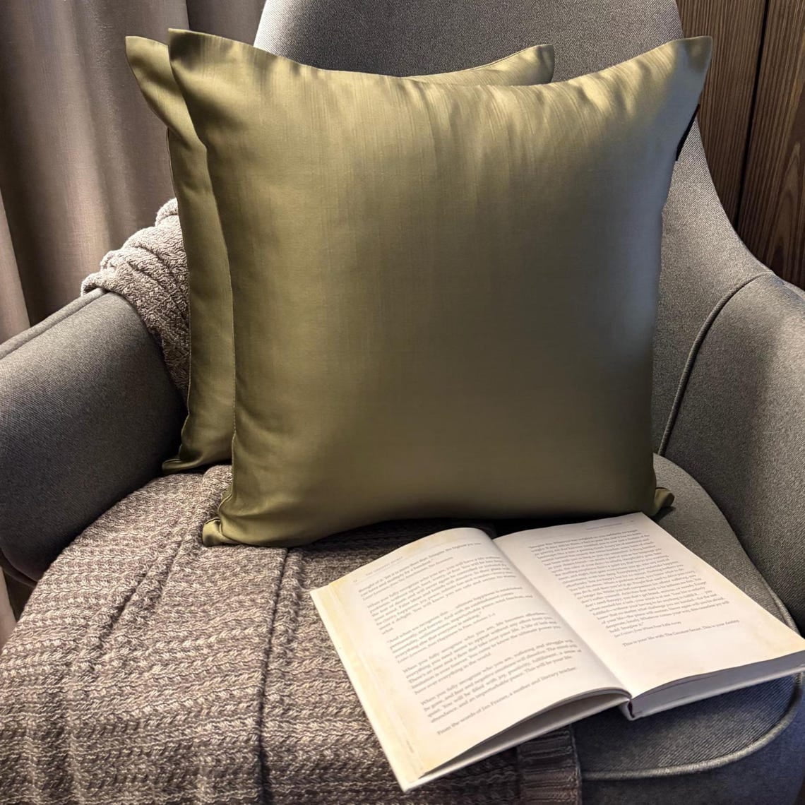 Olive Green Luxury Lumbar Pillow Cover 12"x16" | Pack of 2 Modern Satin Oblong Pillow Cover Solid | Plain Solid Pillowcases for Bed, Couch & Sofa, Modern Home Décor - Dark Green Olive Slub Satin