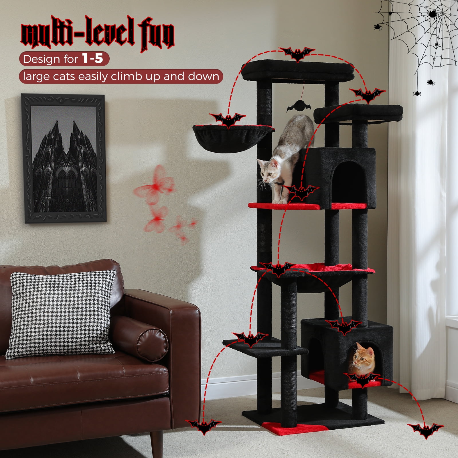 PEQULTI 69" Multi-Level Cat Tree Indoor Cat Tower for Adult Cat with Scratching Post & Hammock Black