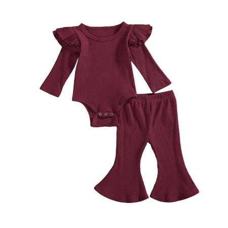 

Baby Girls 2PCS Romper Set Solid Color Ruffle Long Sleeve Round Neck Button Closure Romper Elastic Band Bell-Bottom Long Pants
