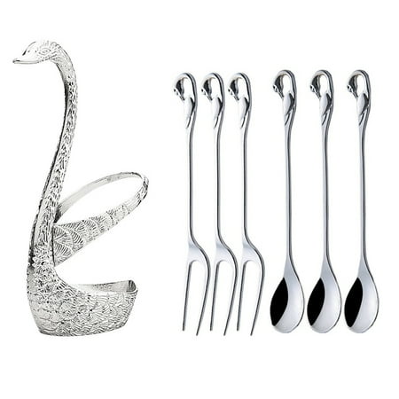 

7 Pcs Swan Base Holder Dinnerware Set Fork Cutlery Coffee Cake Fruit Salad Dessert Flatware Teaspoon-F