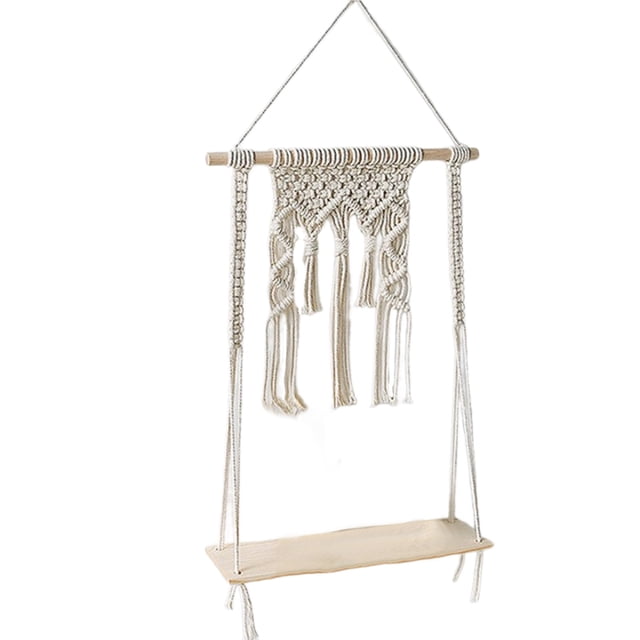 Indoor Plant Stand Woven Wood Hanging Shelf for Plants 22.8 in x 13.7 in Floating Planter Rack with Rope Hanger