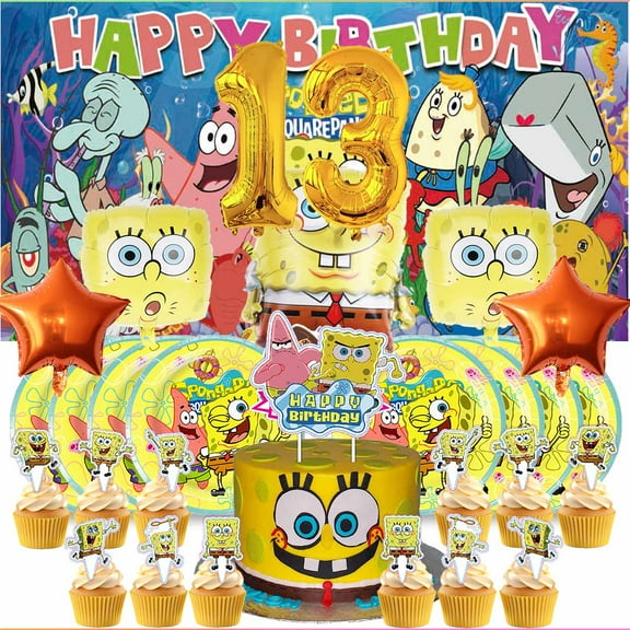 SpongeBob SquarePants 13th Tableware Balloons Cake Toppers Backdrop Banner Supplies Party Decor Plates Decorations
