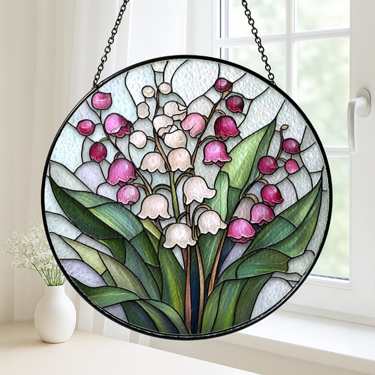 Faux Stained Glass Pink Lily of the Valley Acrylic Panel, Home Window Art