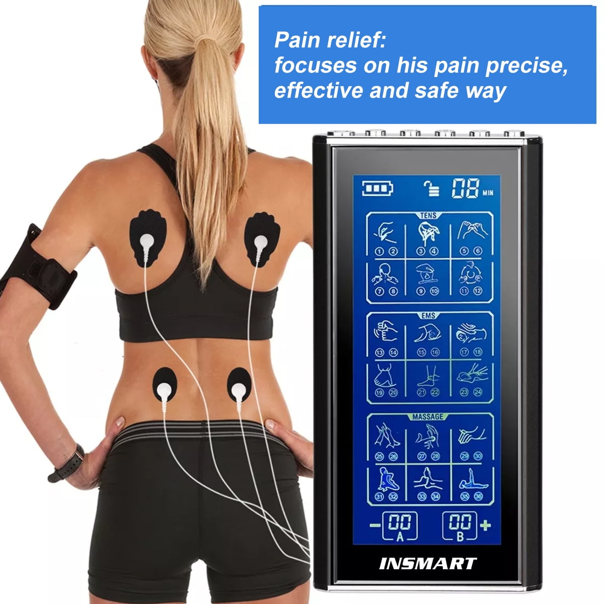 INSMART 3-in-1 TENS Unit Rechargeable Muscle Stimulator EMS Dual Channel with 10 Reusable Electrode Pads 36 Modes for Back Neck Pain Muscle Therapy Pain Management Pulse Massager (Black)