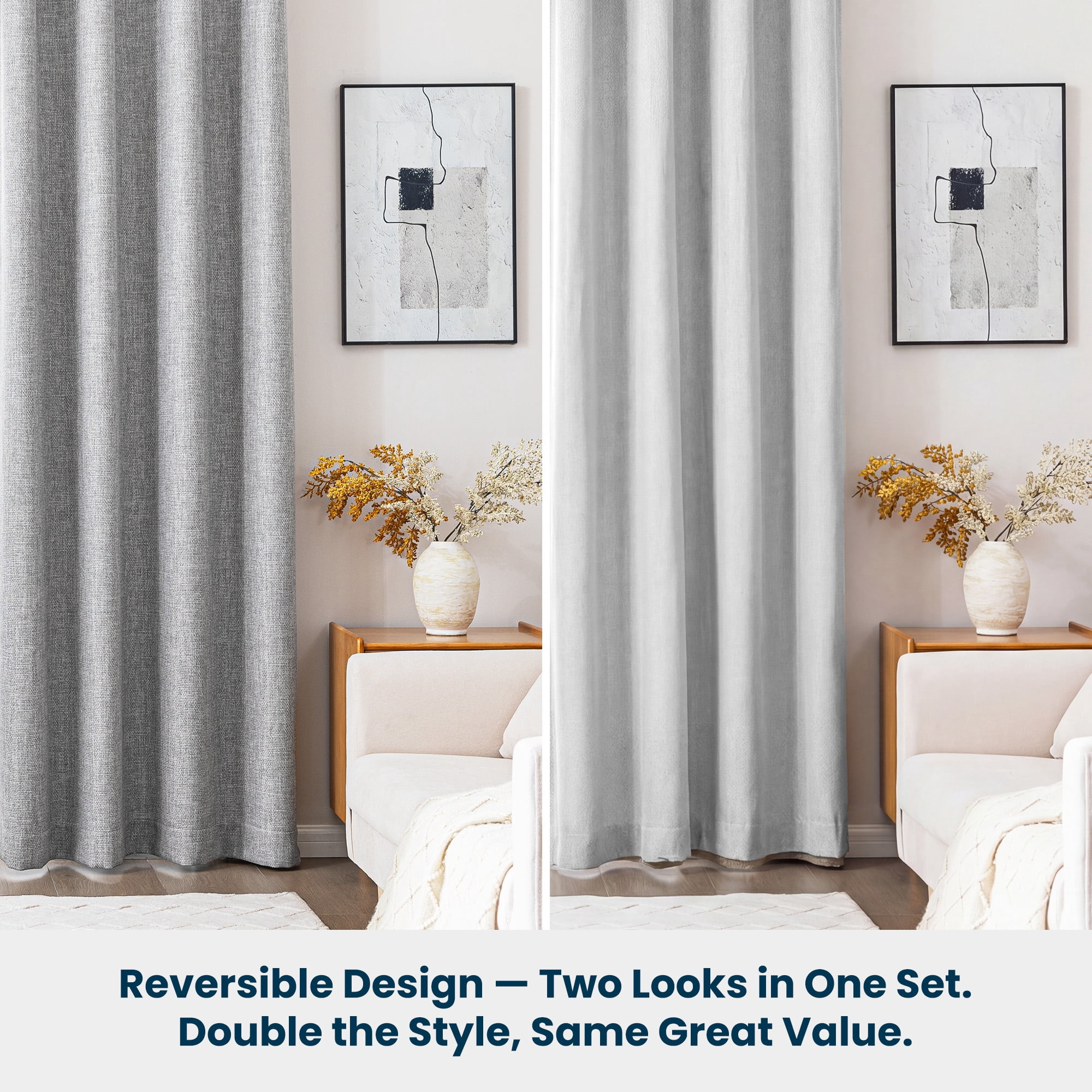 Sleep Zone 100% Blackout Curtains for Bedroom Full Light Blocking Curtains, Two-Sided Reversible Window Curtain for Living Room 2 Panels, 52" x 84" Gray