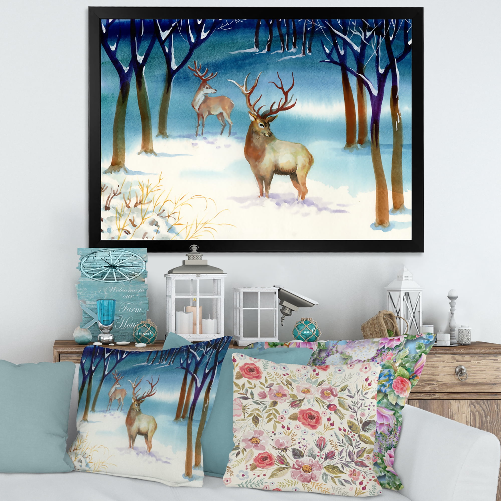Designart 'Deers With Winter Landscape' Traditional Framed Art Print