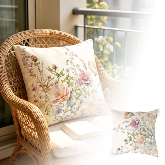 Flower Throw Pillow Covers 18X18 Inch Butterfly Wildflower Outdoor Farmhouse Spring Summer Decor Square Cottagecore Decorative Cushion Case Decoration For Sofa Couch Living Room Home Decor