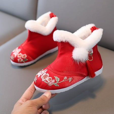 

Cathalem Boots for Girls Size 13 Children Shoes Girl Winter Cotton Boots Vintage Embroidered Cloth Boots Plush Inside Of Hanfu Shoes Red 11 Years