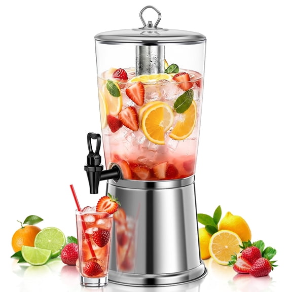 Beverage Dispenser with Stand, 2 Gallon Stainless Steel Drink Dispenser for Parties, Clear Acrylic Water Juice Jug with Ice Core & Spigot for Buffet, Weddings, Outdoor Events