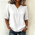 thumbnail image 2 of Womens Embroidered Cotton Linen Tops Summer Casual Boho Linen Mid Cuffed Sleeve Shirts V Neck Vacation Work Daily Blouses, L, 2 of 8