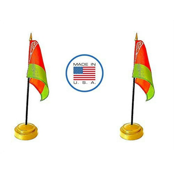 2 Belarus Miniature Desk & Hand Waving Flags Set - Includes 2 Rayon 4"x6" Flags, 2 Bronze Stands, and 2 Mini Belarus Stick Flags