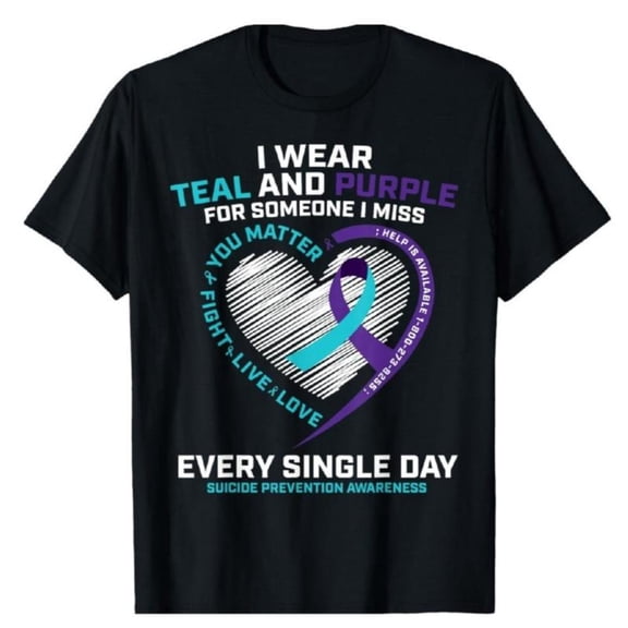 Mental Health Themed Patterned Tee,Tops Boasts "I WEAR TEAL ... SINGLE DAY" Text and Heart & Ribbon Illustrations, Round Neck Regular Fit T - shirts, Size(S - 5XL)
