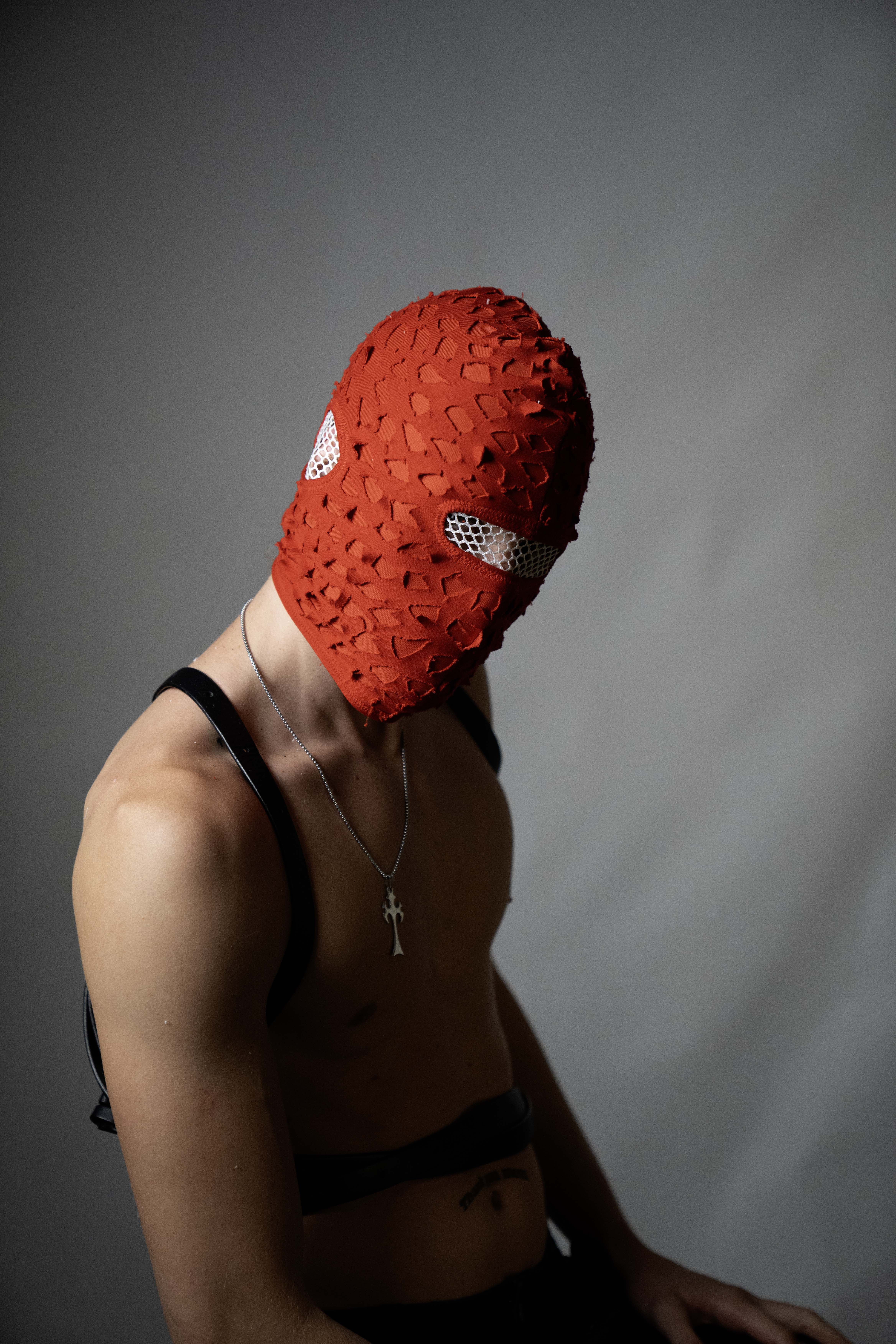 Handmade balaclava ski mask, tatty and shabby, ragged tattered design Fragmented cotton unisex for all ages winter cold indoor and outdoor