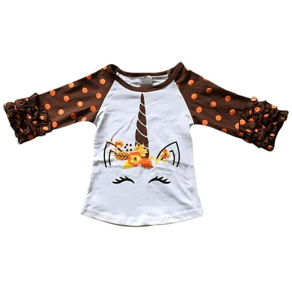 Toddler Girls Unicorn Polka Dot ThanksgivingTop T-Shirt Tee Blouse Brown 2T XS (P318492P)
