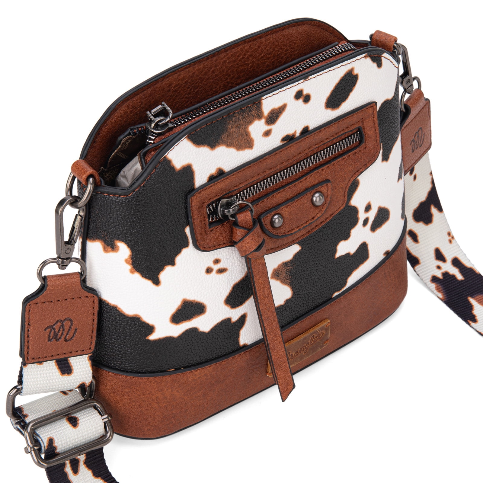 Wrangler Cow Print Crossbody Bag for Women Western Cross Body Purse with Signature Strap, Brown