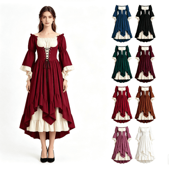 UPPADA Renaissance Medieval Dress for Women Bell Sleeve Off Shoulder Lace Up Waist Dress Pirate Corset Victorian Dresses Black,L