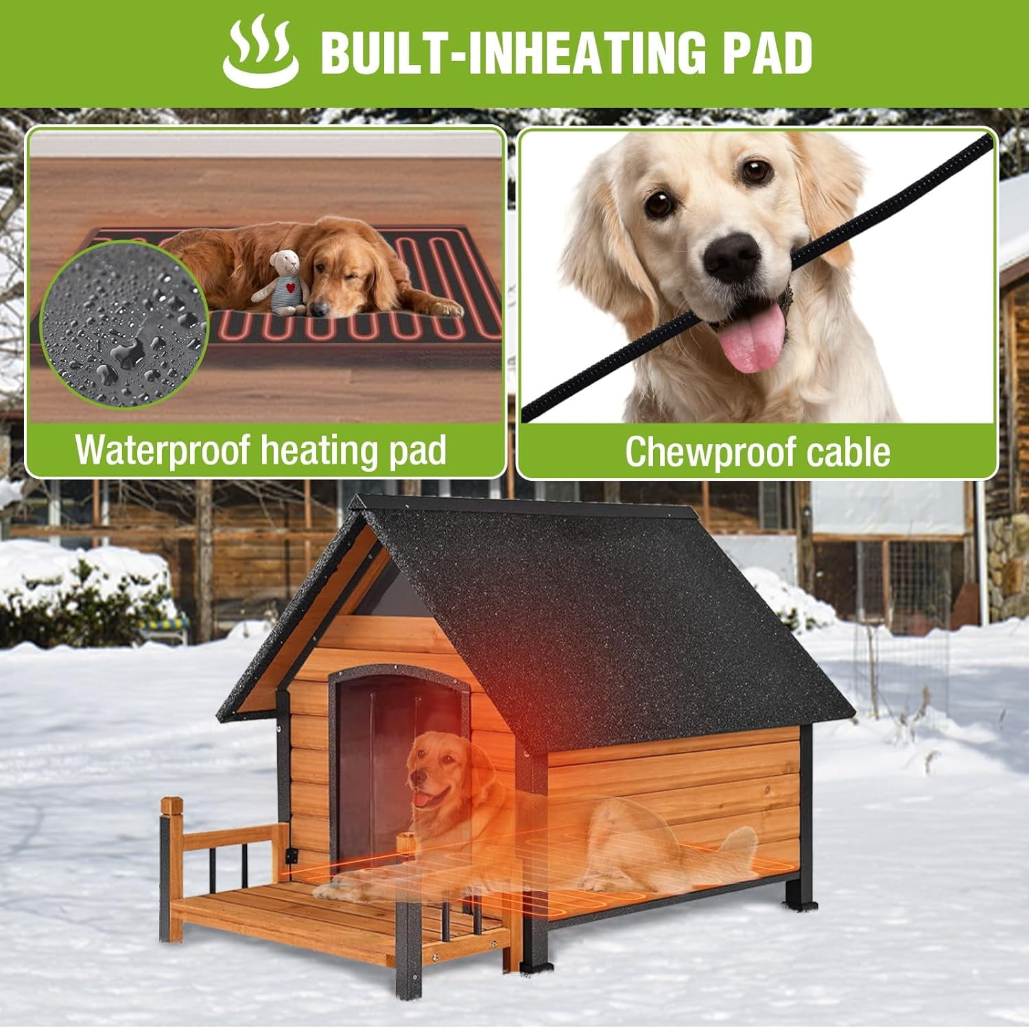 Aivituvin Outdoor Heated Dog House Anti-Bite Weatherproof Dog Kennel Puppy Shelter Indoor with Heating Pad, All-Around Insulated Liner and Porch for Large Breed, 45" D x 32.9" W x 32.6" H (Brown)