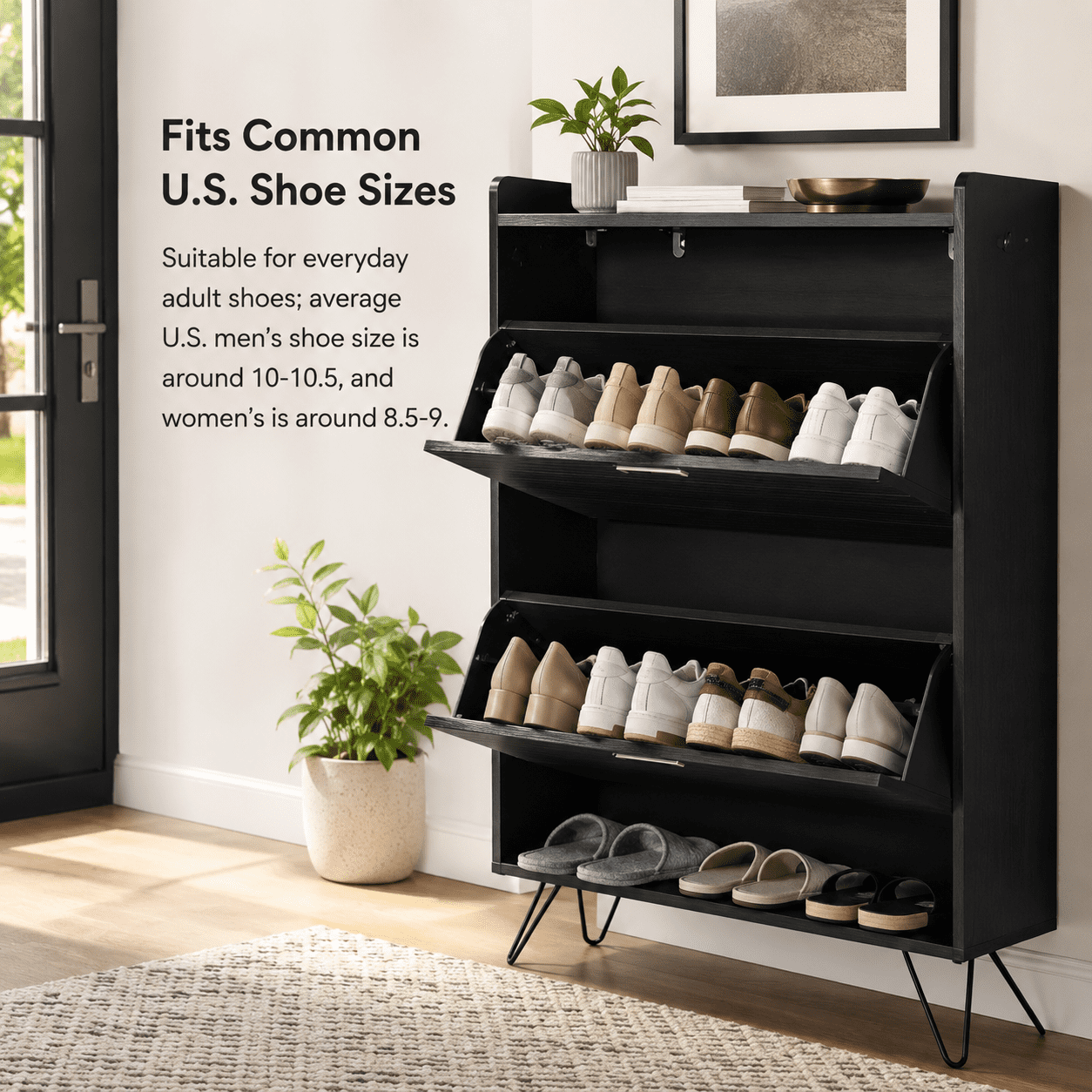 Alvantor Shoe Cabinet, 2 Flip-Down Doors with Hooks, Holds 10-12 Pairs, 31.5" W, Black