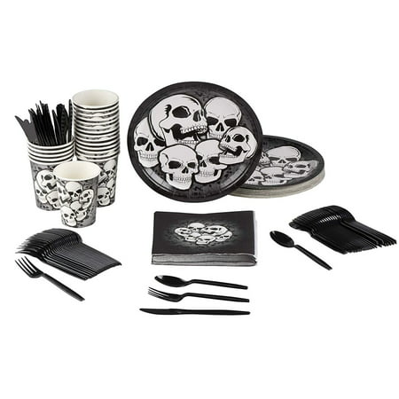 Skull Party Supplies – Serves 24 – Includes Plates, Knives, Spoons, Forks, Cups and Napkins. Perfect Party Pack for Halloween and Teens Birthday Parties, Black