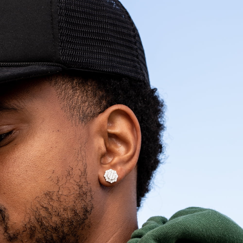 Halo Octagon Men's White Gold 925 Sterling Silver Cz Round Flower Cluster Sterling Silver Bling Honey Comb Set Cubic Zirconia Hip Hop Stud Screw Back Earrings