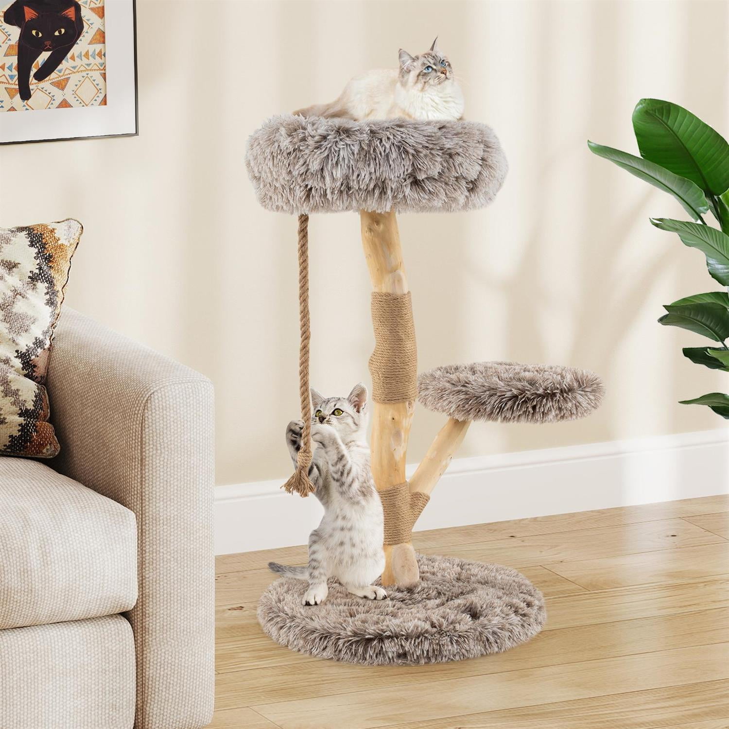 Pefilos Modern Wooden Cat Tree Tower, Top Perch & Natural Jute Scratching Posts, 3-Tier Design & Anti-Toppling, Brown