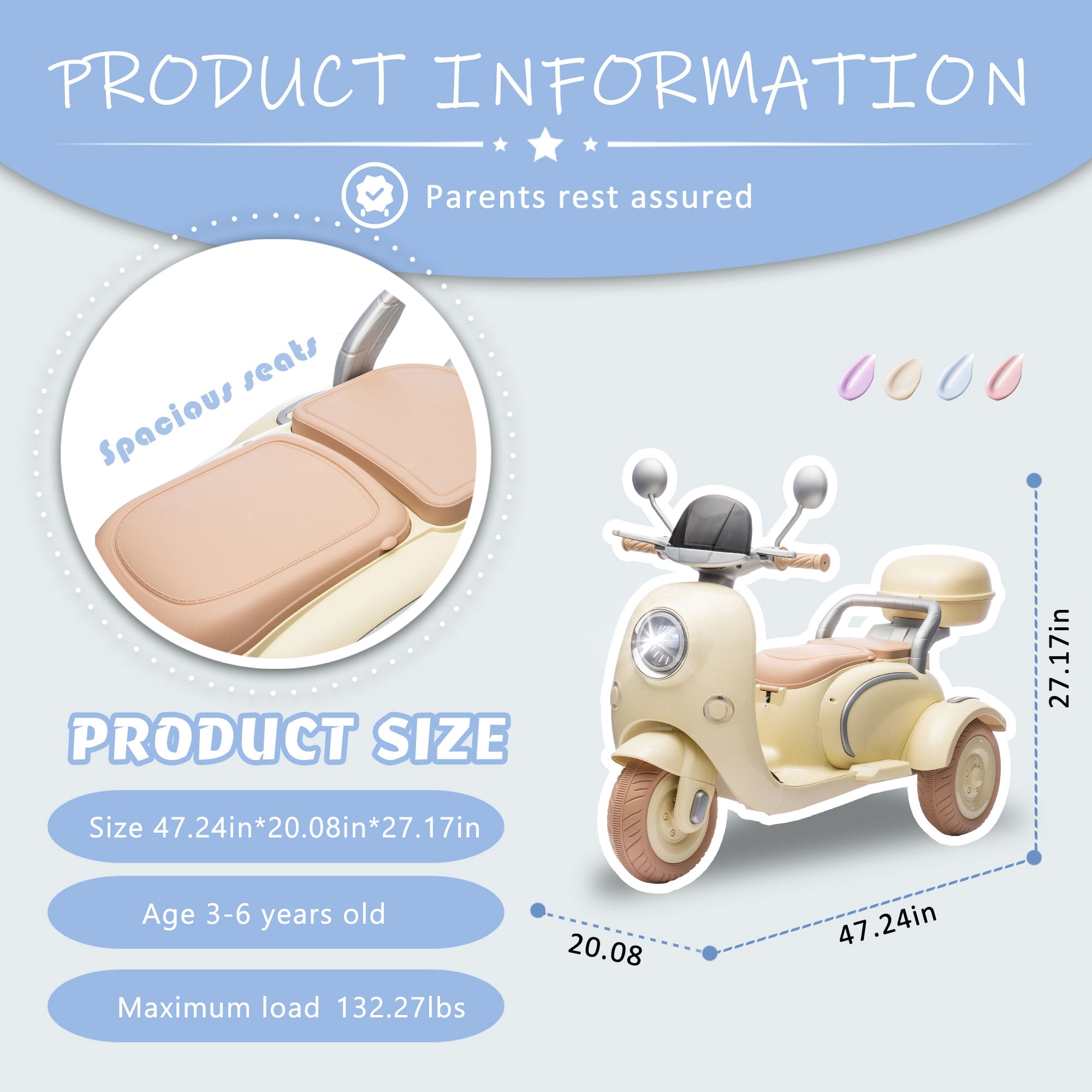 Track Seven 12V Ride on Motorcycle, 2-Seater Electric Motorcycle with Dual Motor, 3 Wheels Motorbike with Bluetooth, LED Lights, Storage Box, Front Hook, Ride on Toy Car for Boys Girls Aged 3+, Beige