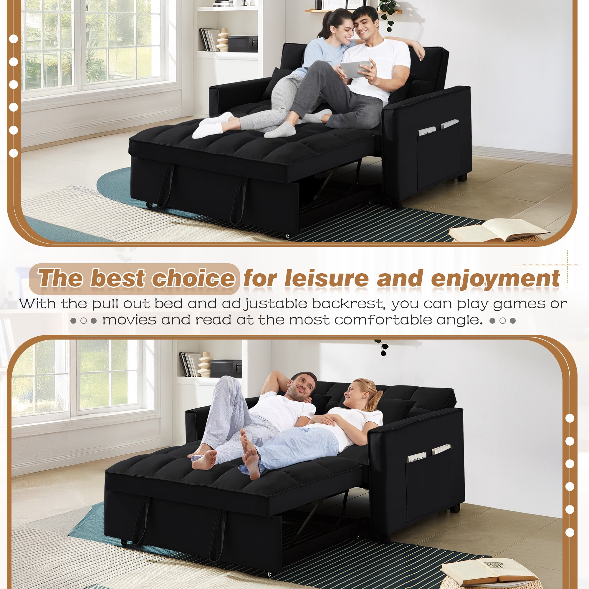 Lunale 4-in-1 Convertible Futon Sofa Bed, Pull Out Couch Beds Loveseat Sleeper, Black Velvet