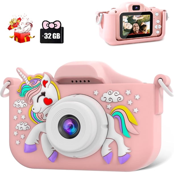 Cámara Digital para Niños,Cámara para Niños con Pantalla a Color 2.0 IPS HD y Tarjeta de Memoria de 32 G,Adecuada para Regalos de cumpleaños y Navidad para niños y niñas(Gatito Rosa),Unicornios rosas