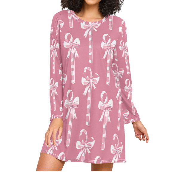 Pink Bows Tie on Candy Canes Christmas Women's Long Sleeves Nightgowns Sleepwear Soft Pajama A-line Sleep Dress S