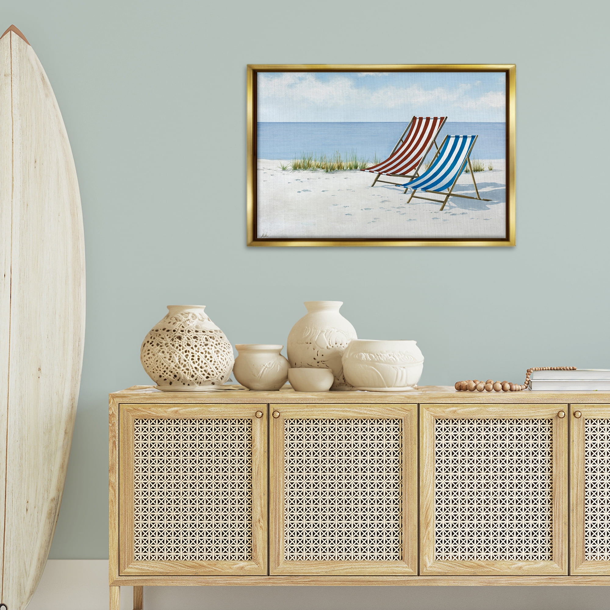 Stupell Industries Serene Beach Chairs Landscape Painting Gold Floater Framed Canvas Art Print Wall Art, 31 x 21