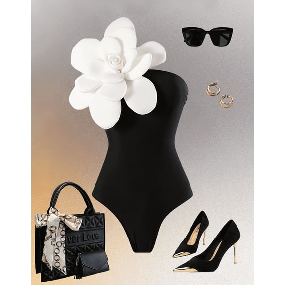 Plus Size Women's Black Bandeau One Piece Swimsuit – Floral Detail Bathing Suit for Beach and Pool