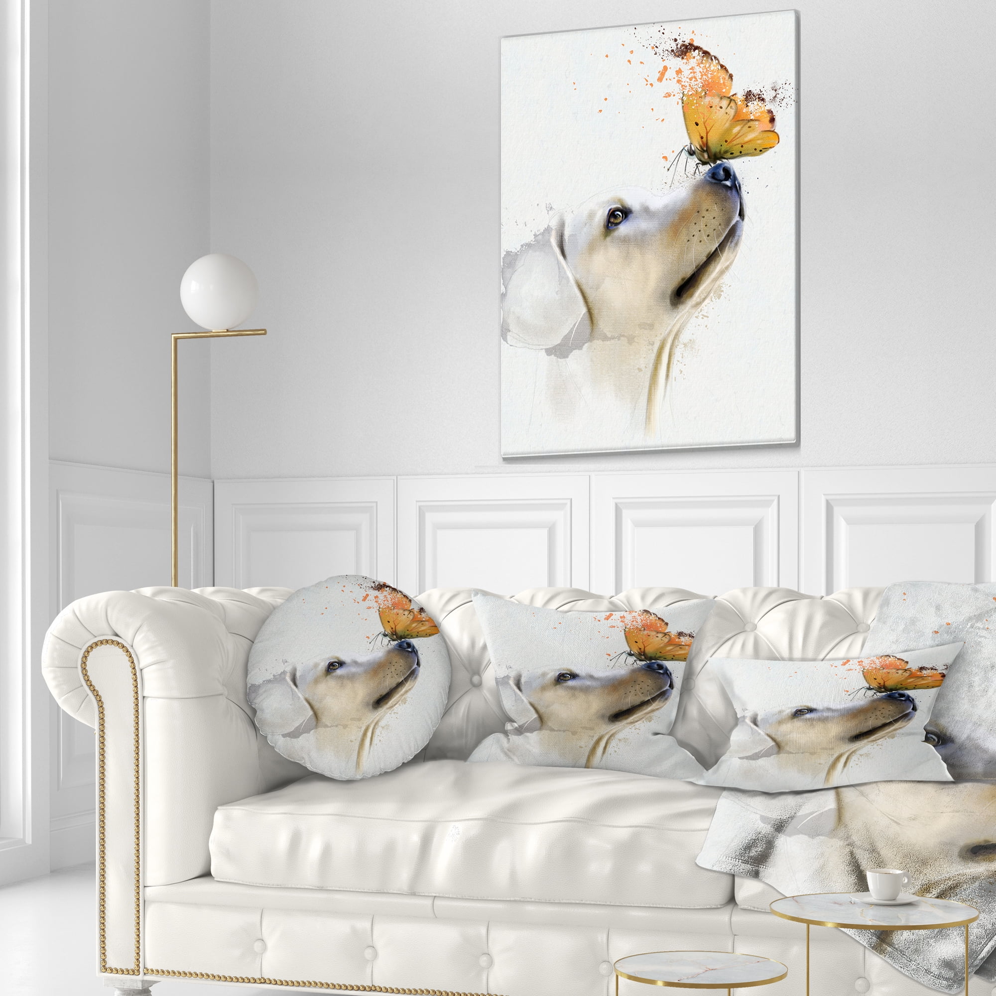 Designart Golden Retriever Dog with Butterfly - Animal Throw Pillow - 12x20