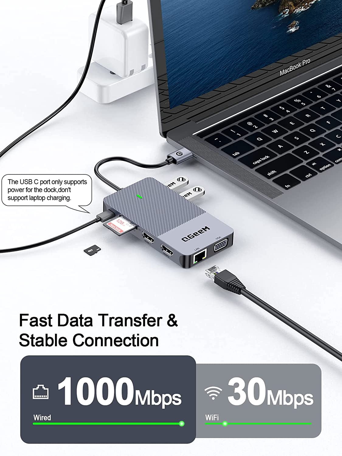 QGeeM USB 3.0 Docking Station, Triple Display USB C Hub Dual HDMI VGA Adapter, Portable USB A Dock Compatible with All USB-C and USB 3.0 Laptop