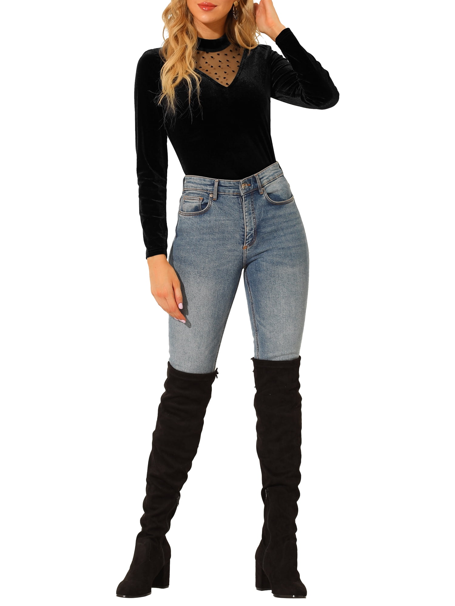 Unique Bargains Women's Mesh Panel Swiss Dot V-Cut Neck Patchwork Long Sleeve Top Black XL