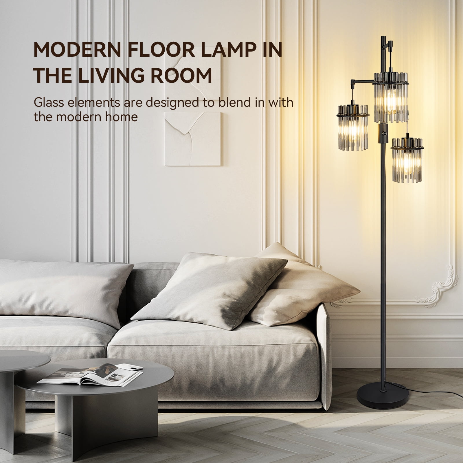 Industrial Modern Floor Lamps for Living Room, Dimmable Glass Tree Standing Tall Lamps with 3 Elegant Teardrop Cage Head & 800 Lumens LED Bulbs for Bedroom Office