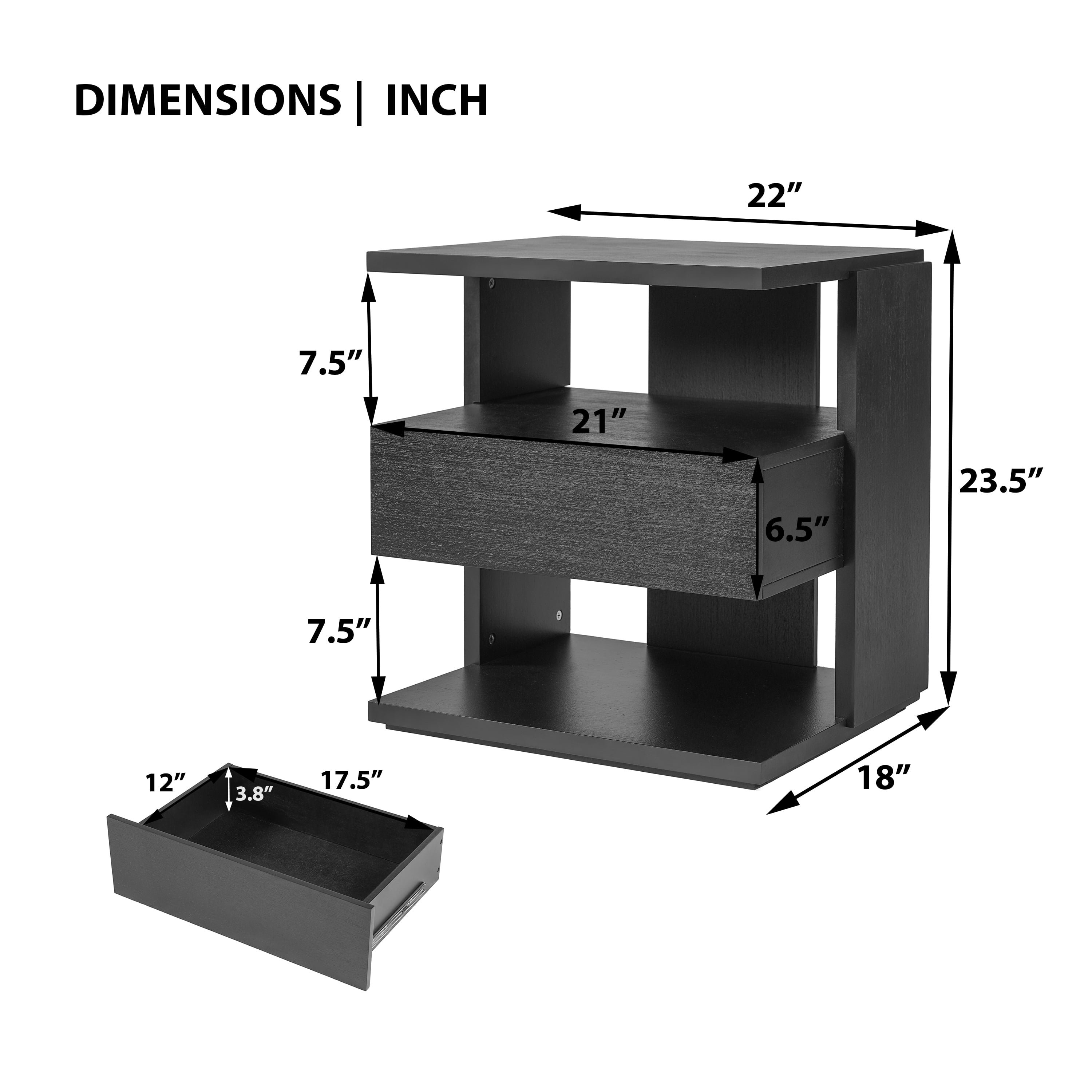 Euroco Modern Floating Nightstand with Drawer, Wood Bedside Table with 3-Tier Open Storage Shelves ,Unique C-Shape End Table for Bedroom,Living Room,Space-Saving,Black