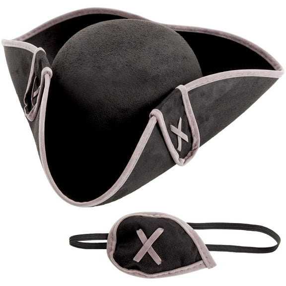 Black Pirate Hat and Eye Patch for Halloween Outfit - Tricorn Hat for Birthday Party Costume, Dess Up, Adult Size