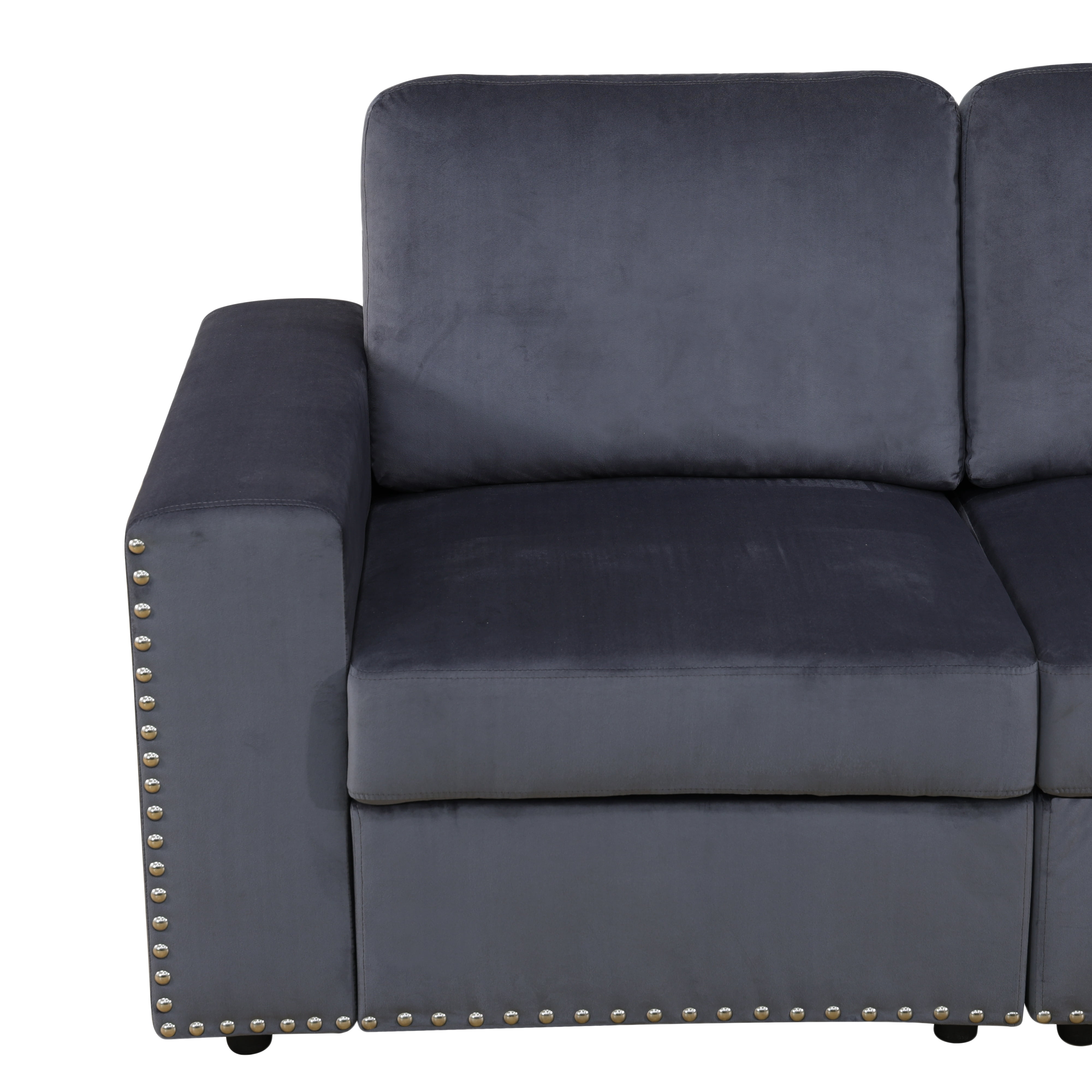 Gewnee 6 Seat Sofa Set with Ottoman, Microfiber Upholstered Sofa, Solid Wood Frame, Storage Console with Cup Holders, Living Room, Dark Gray