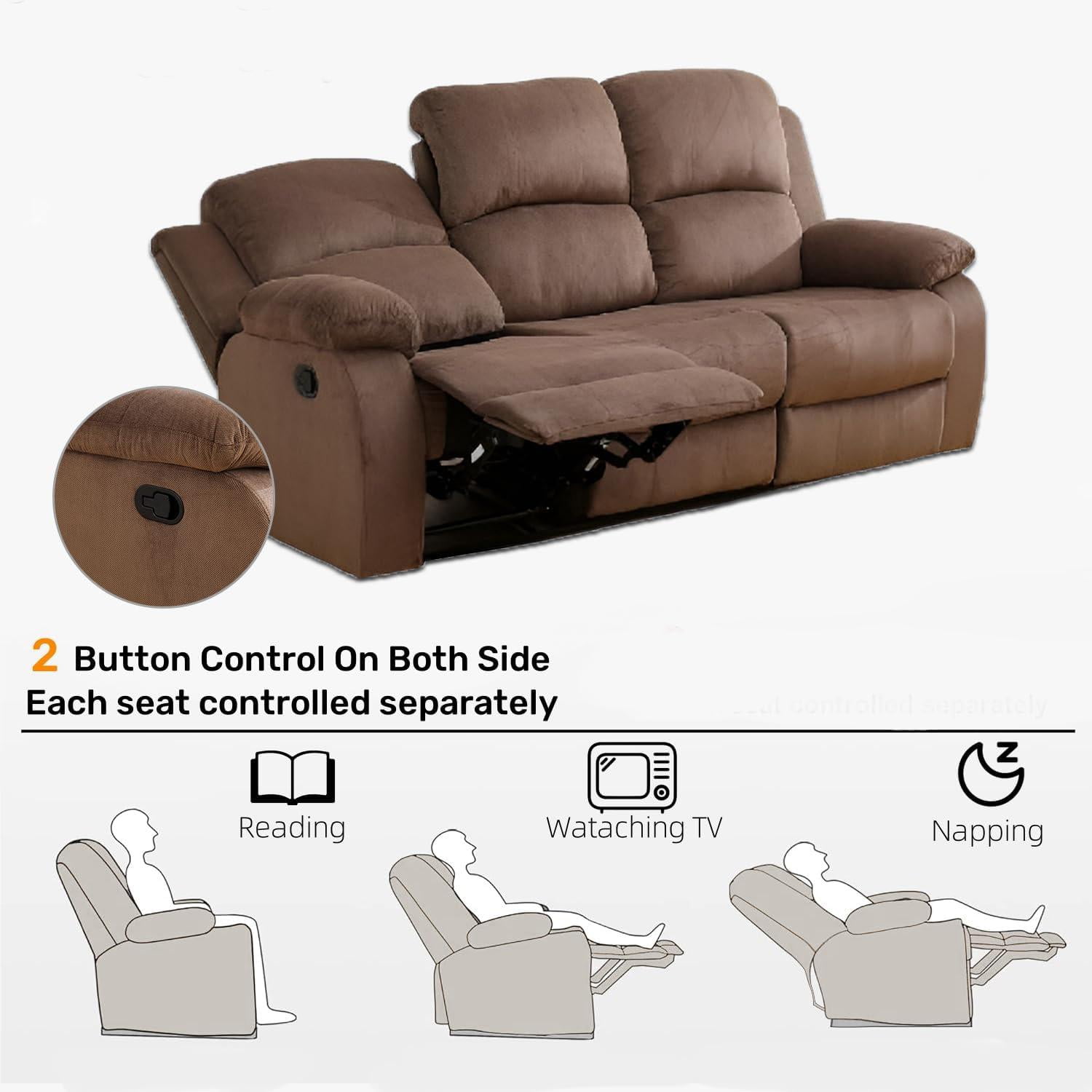 Gewnee Corduroy Upholstered Manual Reclining Sofa with 3 Recliners and Cup Holders,Coffee
