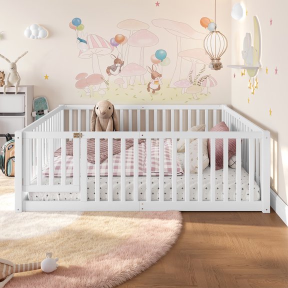 Bellemave Full Size Floor Bed with Door and Fence, Montessori Floor Bed Full, Wood Floor Bed with High Guardrails, White